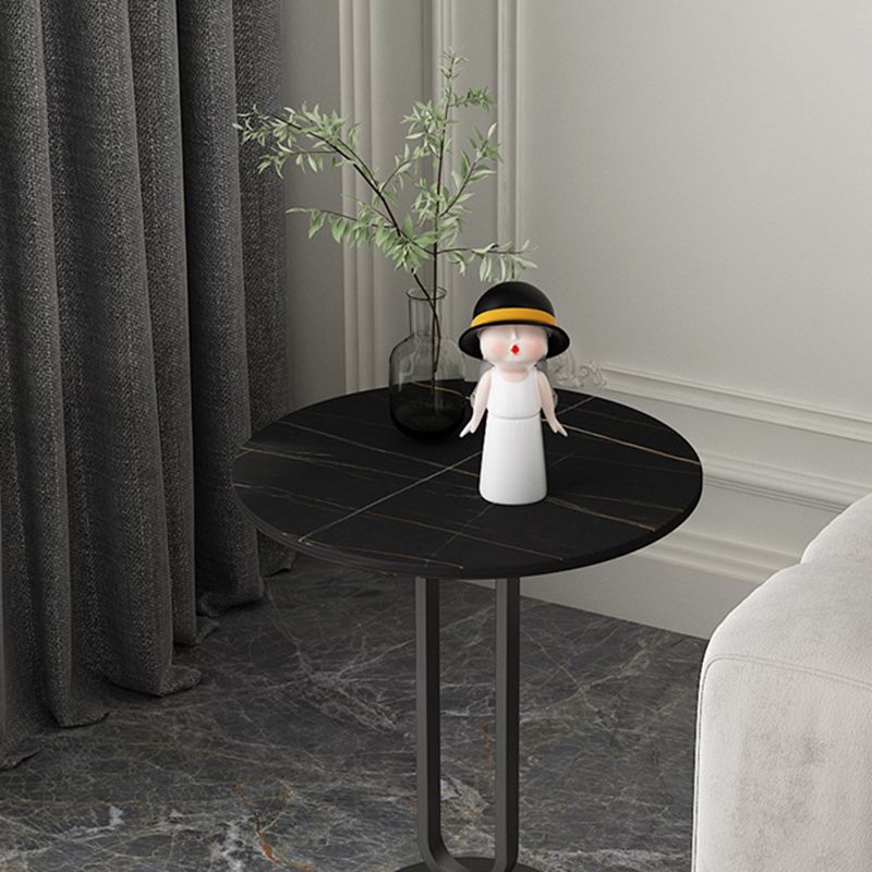 21.6"Tall Round Stone Top End Table Iron Pedestal Sofa Side Table