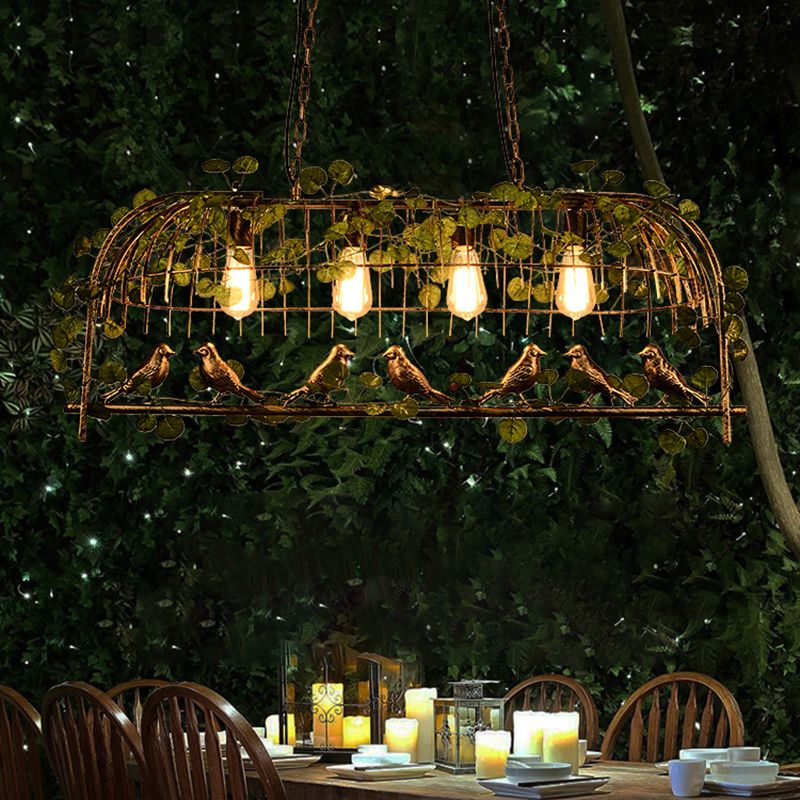 Rustic Birdcage Island Light Fixture Metallic Ceiling Pendant Light with Artificial Ivy for Restaurant