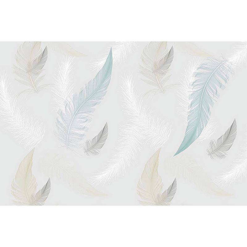 Full Size Feather Wall Art in Grey and Blue Non-Woven Fabric Mural Wallpaper for Home Decoration, Made to Measure