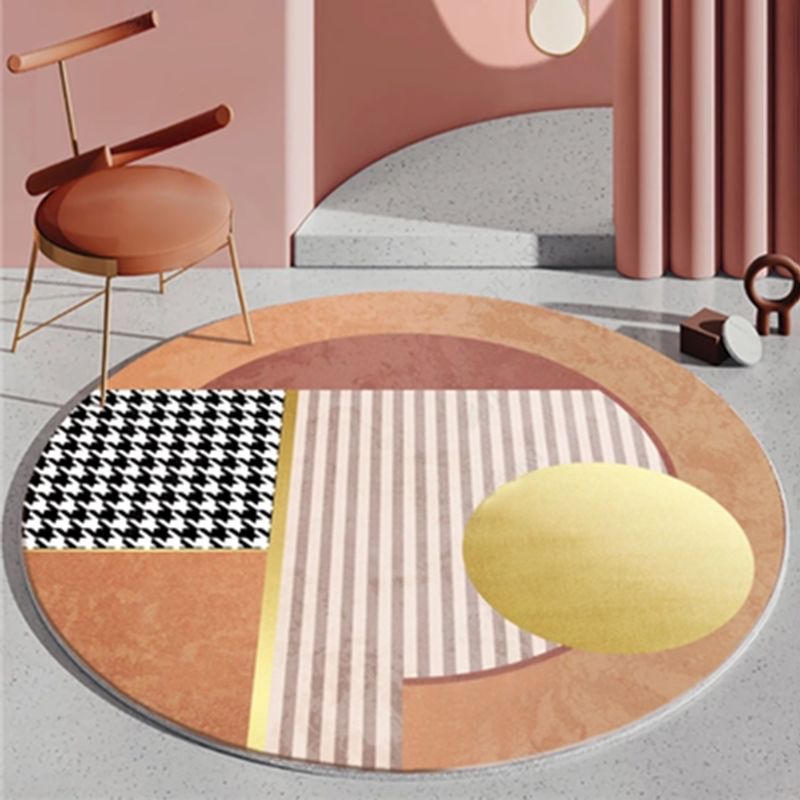 Round Houndstooth Print Carpet Polyester Modern Rug Non-Slip Backing Indoor Rug for Living Room