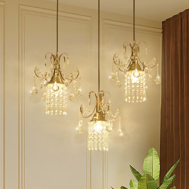 Cylindre Multi-plafond Light Moderniste Crystal Droplet 3 lumières Pendre de salle à manger en laiton