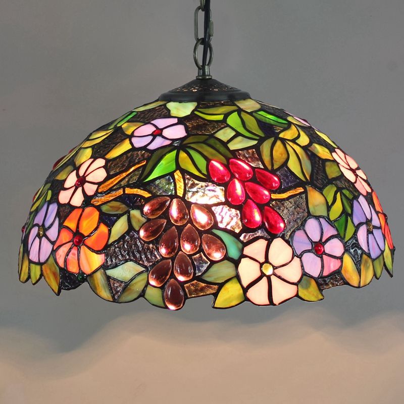 Domed Hanging Pendant Light Stained Glass Mediterranean Pendant Light Fixture in Blue