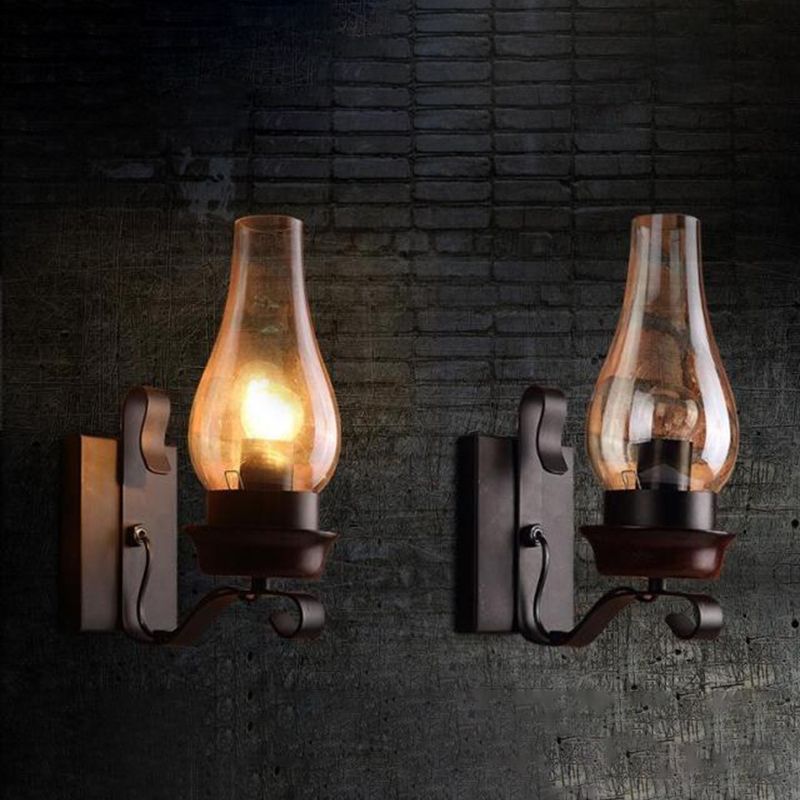 Amplia de pared oxidada en la lámpara de pared de hierro forjado de estilo industrial de estilo vintage con sombra de vidrio ámbar