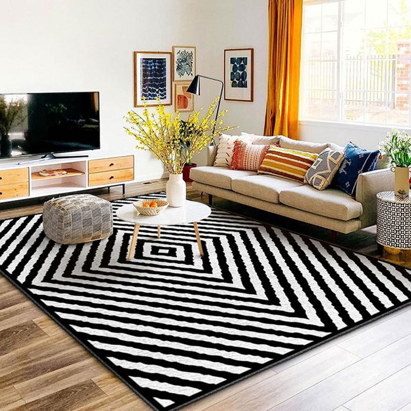 Black and White Lines Rug Living Room Carpet Polyester Washable Area Rug