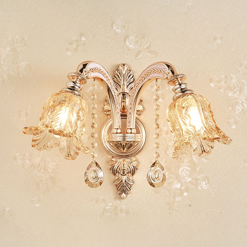 Applique murale dorée simplicité crème verre fleur applique murale avec drapé en cristal
