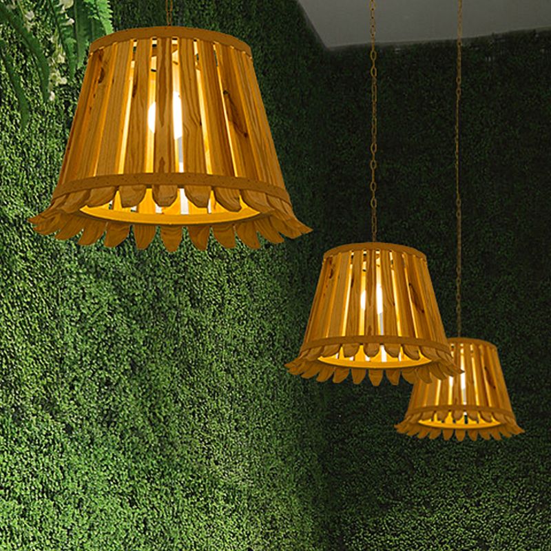 1 Bulb Trumpet Hanging Light Japanese Wood Pendant Lighting Fixture in Beige for Bedroom