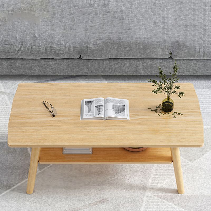 Contemporary Rectangle Wooden Coffee Table with Shelf and 4 Solid Wood Legs