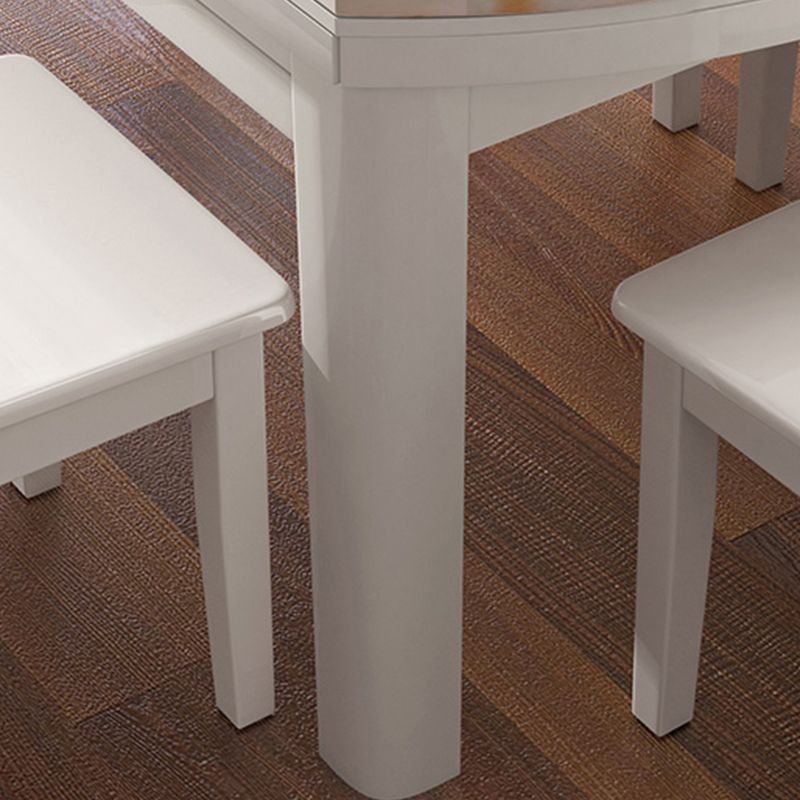 Modern Round White Stone Top Retractable Dining Table with 4 Rubberwood Legs