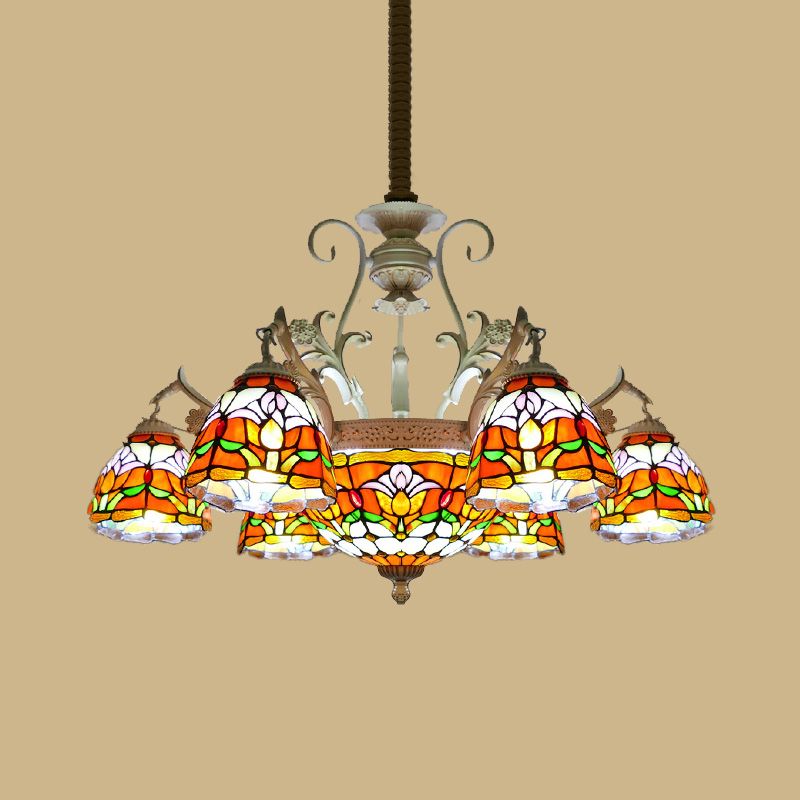 Dome Chandelier 9/11 Lights Stained Glass Mediterranean Hanging Pendant Light in Distressed White