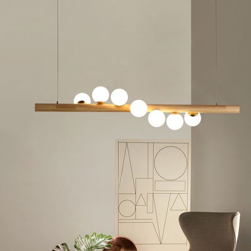 Modern Simple Wooden Hanging Lamp Ball Shape Shade Island Light Fixture for Dining Table