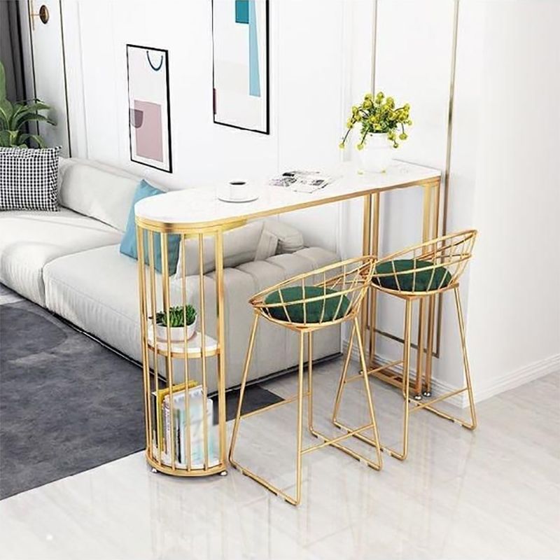 Glam White Faux Marble Pub Bar Table Gold Iron Double Pedestal Bar Dining Table with Shelf