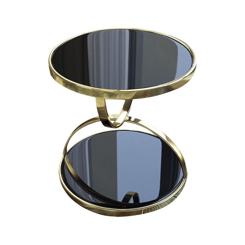 Glam Round Double Tier End Table Glossy Stone Side Table with Shelf