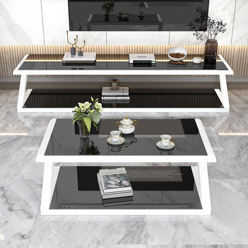 Metal Sled Coffee Table Contemporary Glass Top with Storage Shelf