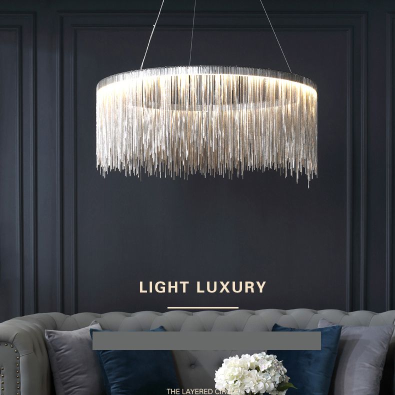 Silver Round Pendant Pildal Metal Chain Shade Chandelier Light pour salle à manger