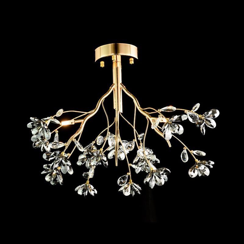 3 Heads Branch Semi Flush Mount Light Fixture Postmodern Gold Leaf Crystal Ceiling Lamp