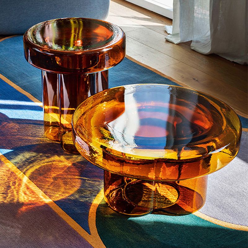Modern Glass Coffee Table with Round Top and One Foot for Living Room