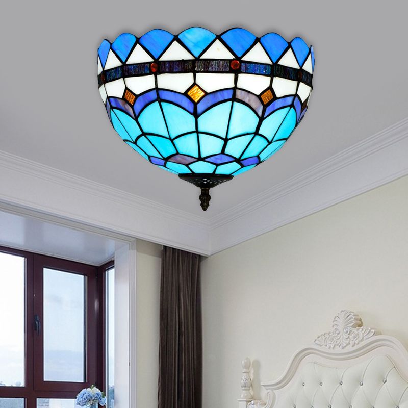 Blue 2/3 Bulbs Ceiling Mount Light Fixture Mediterranean Hand Rolled Art Glass Bowl Flush Mount Lighting, 12"/16" W