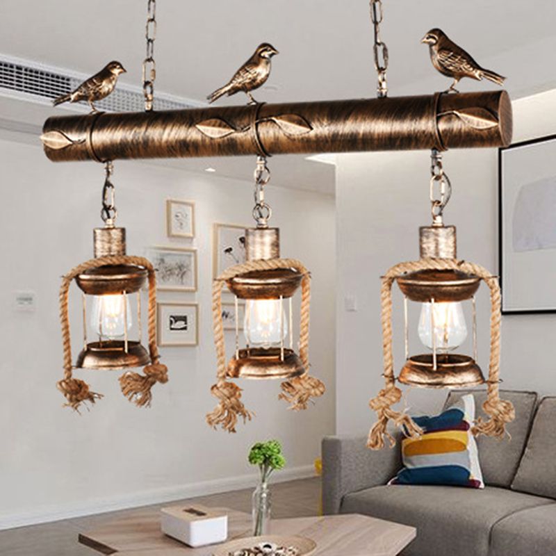 Metal Caged Island Pendant Light Coastal Style 3 Light Kitchen Hanging Lamp in Bronze/Weathered Copper with Bird