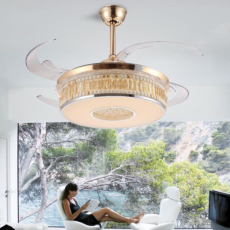 Concave Carved Semi Flush Light Contemporary Gold Finish LED Crystal Block Ceiling Light with Fan