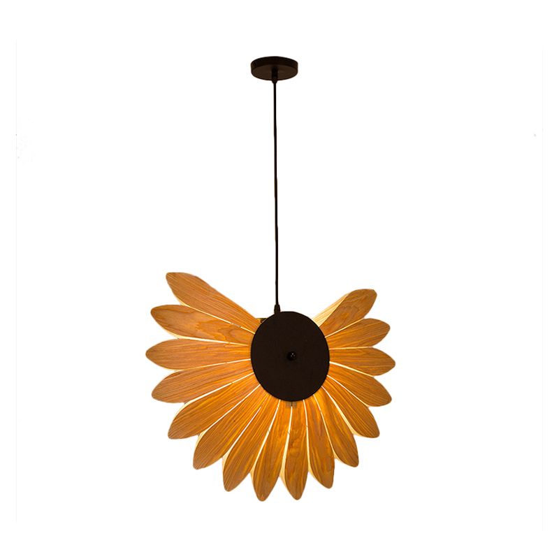 Beige Sunflower Pendant Lighting Modernism 1 Bulb Wood Hanging Light Fixture for Restaurant