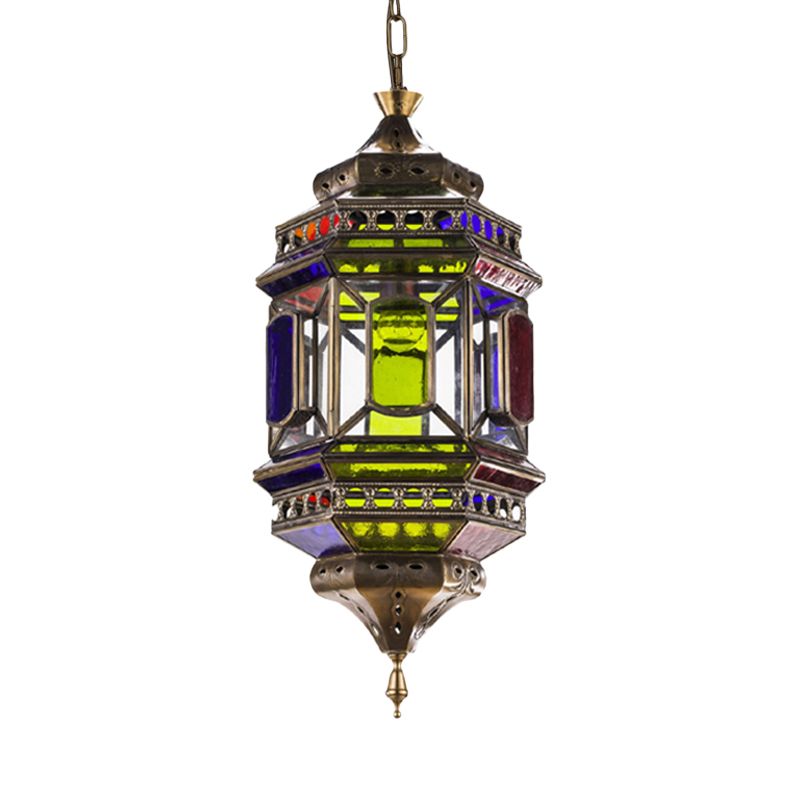 3-Bulb Hanging Lighting Art Deco Castle Shape Colorful Glass Chandelier Pendant Lamp in Brass