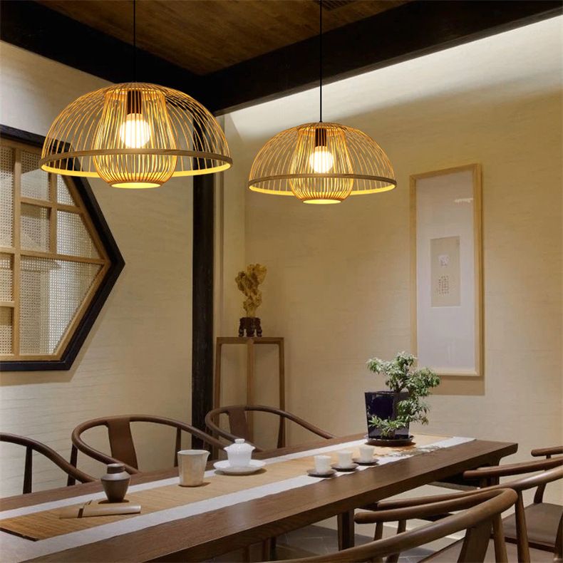 1 Light Bowl Hanging Light Fixtures Chinese Bamboo Ceiling Light for Restaurant