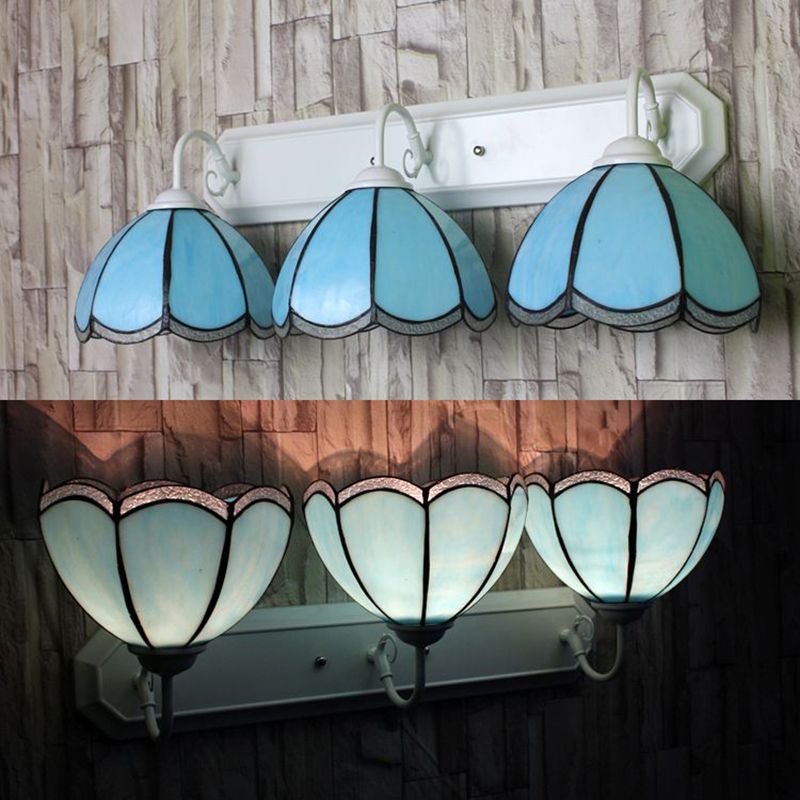 Petal Wall Lighting Fixture Tiffany Blue Glass 1 Head White Sconce Light with Linear Backplate
