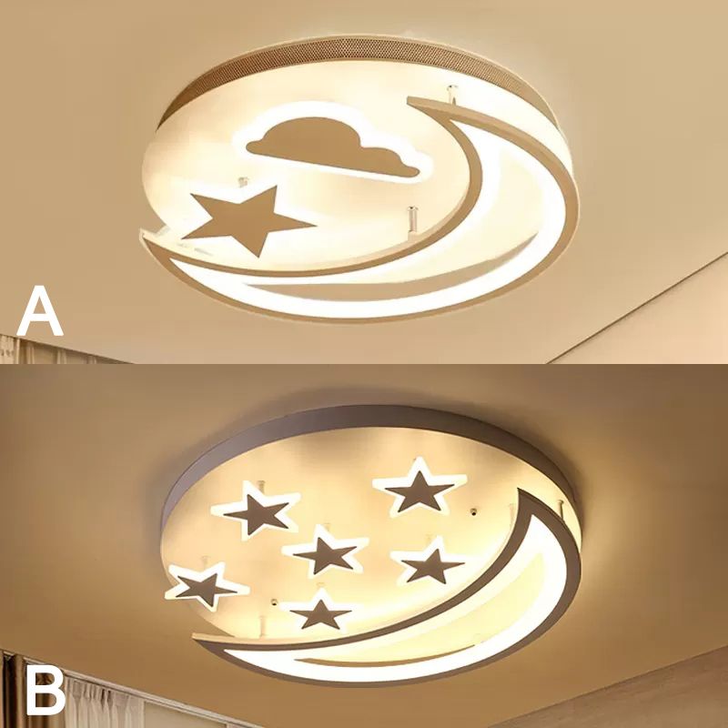 Metal Moon and Star Flush Ceiling Light Kid Bedroom Cartoon Ceiling Lamp in White Finish