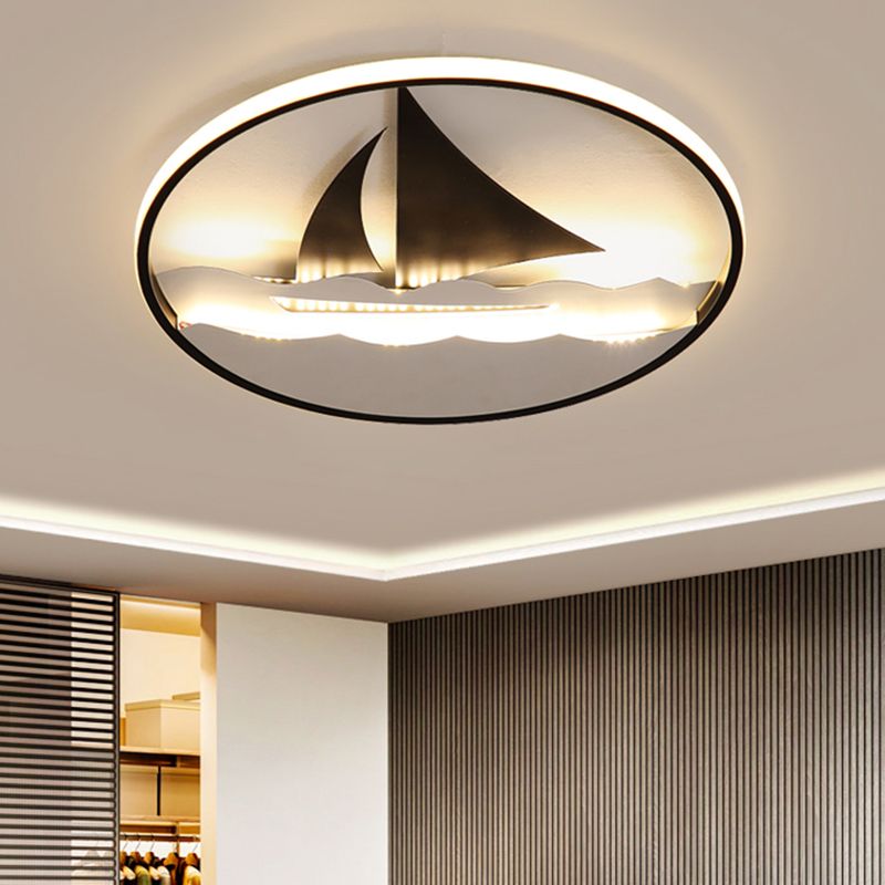 Sailboat On The Ocean Flushmount Lamp Kids Acrylic Black LED Ceiling Mounted Fixture