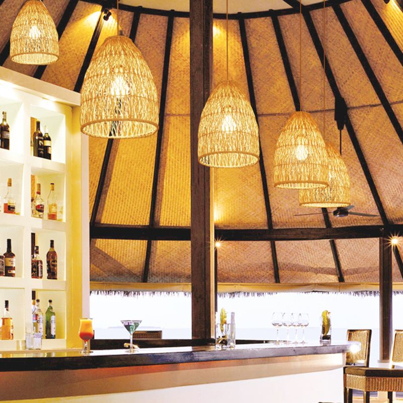 12.5"/16" W Elongated Cone Pendant Light Kit Contemporary Bamboo 1 Light Restaurant Hanging Lamp in Beige