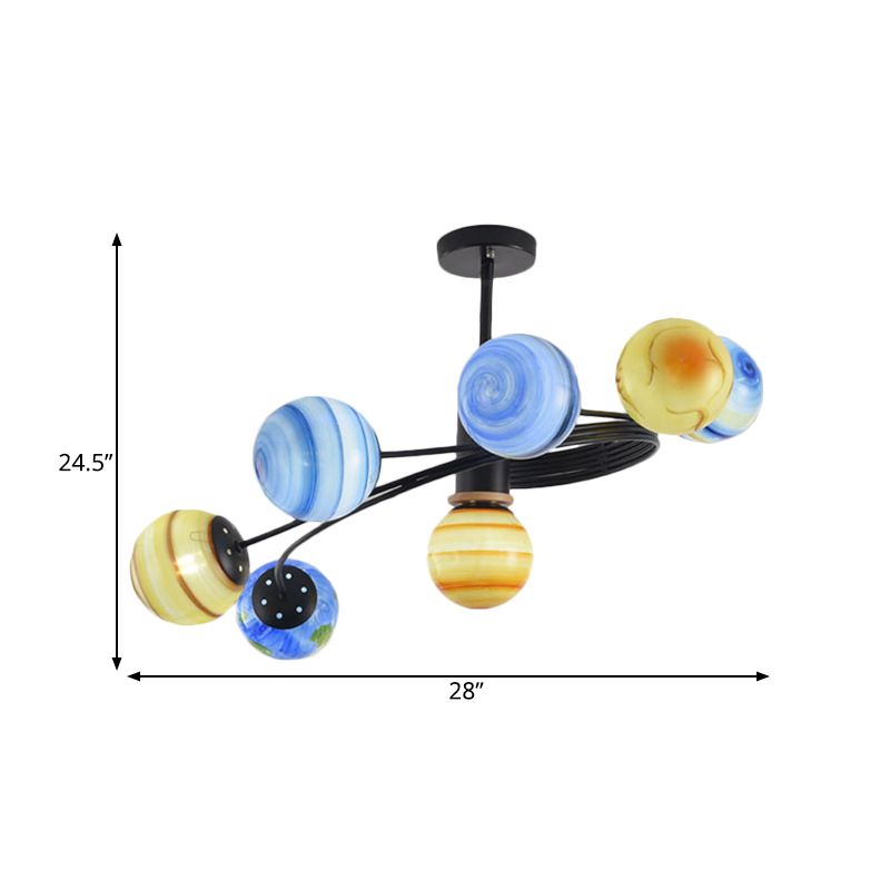Planet Design Semi Flush Chandelier Modern Metal 7 Lights Black Ceiling Light Fixture with Handblown Glass Ball Shade