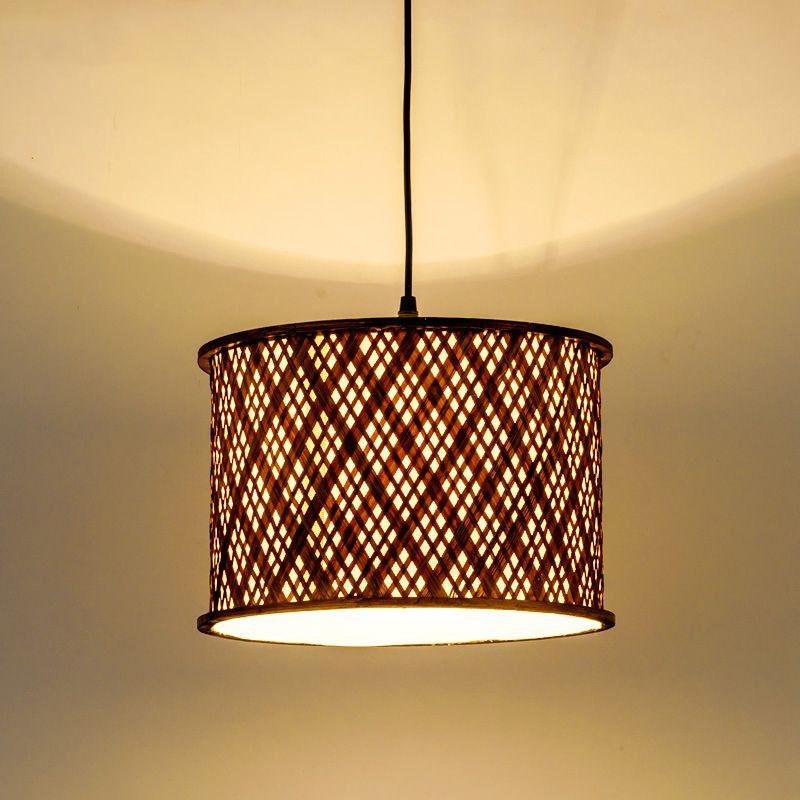 Dark Brown Woven Suspension Pendant Contemporary 1 Bulb Bamboo Hanging Light Kit