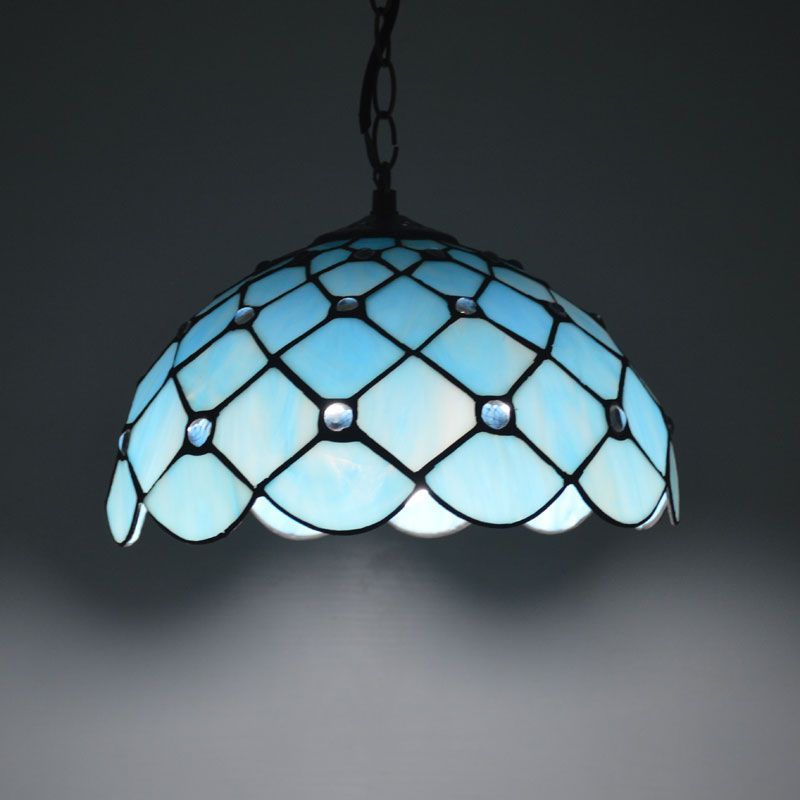Jewel Hanging Light Fixture Mediterranean Blue Glass 1 Light Suspension Pendant with Cord/Chain for Kitchen Island