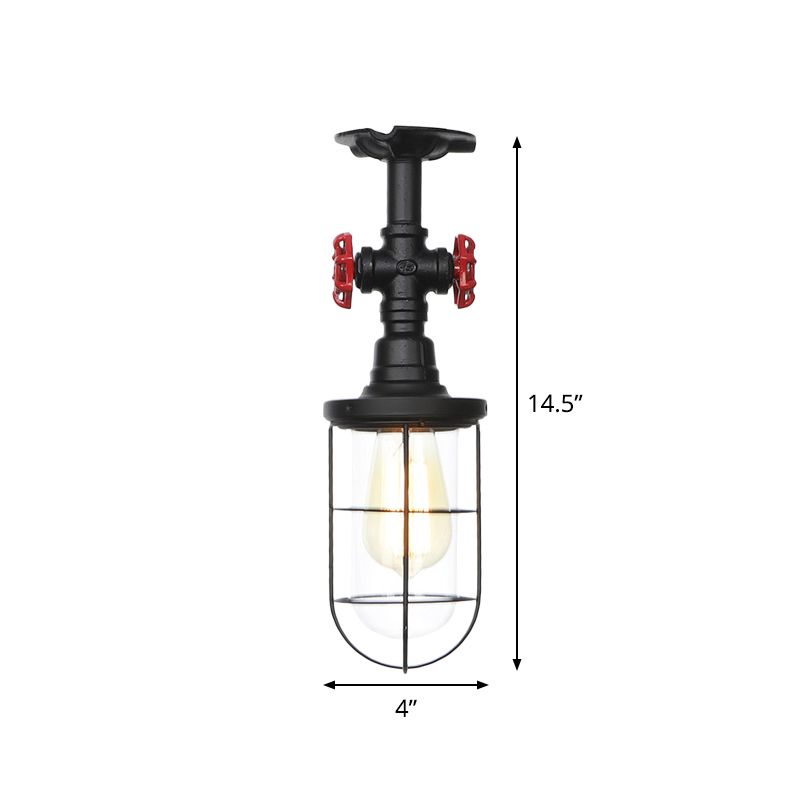 1-Bulb Clear Glass Semi Flush Mount Industrial Black Cage Balcony Ceiling Flush with Valve Deco