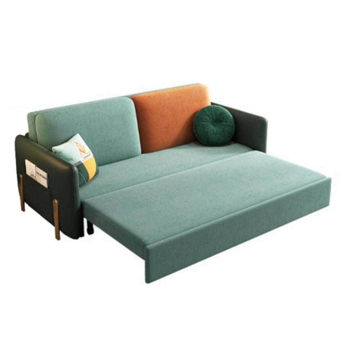 Square Arms Futon Foldable Pillow Included Green Sleeper Sofa with Storage