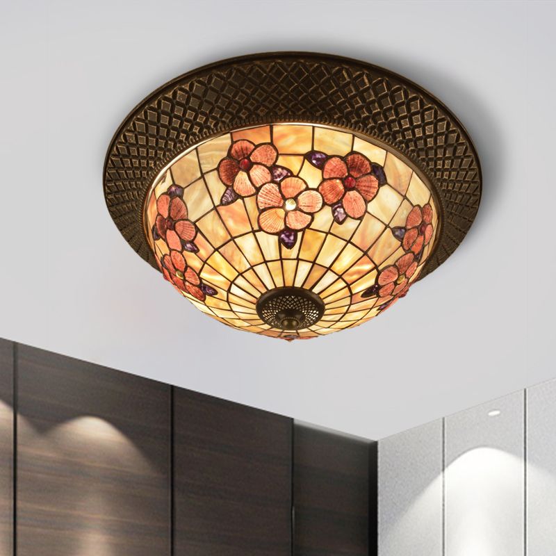Bronze Cap Shape Flush Light Tiffany LED Shell Flush Mount Ceiling Fixture with Trellis Pattern