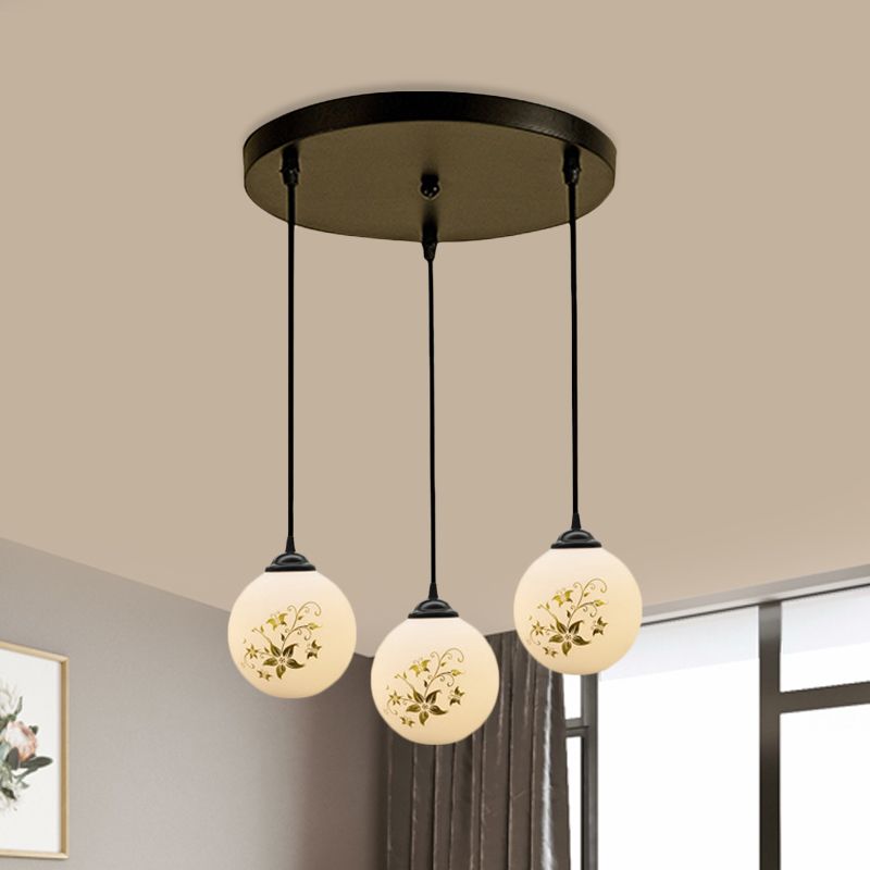 Black Sphere Multi Ceiling Lamp Modernism White Printing Glass 3-Light Dining Room Pendant with Round/Linear Canopy