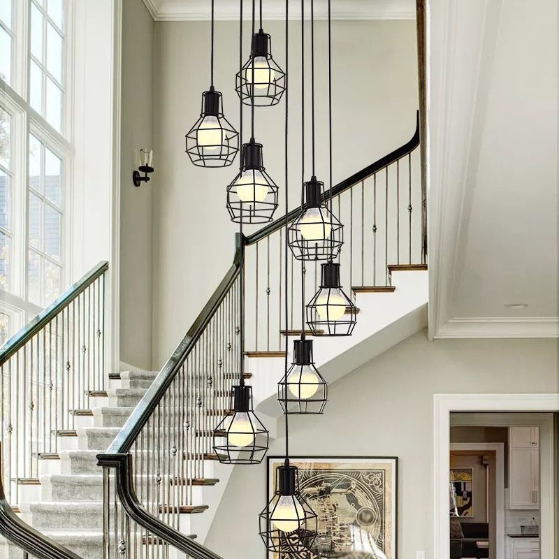 8-Light Pendant Lighting Industrial Cage Metal Suspension Light in Black for Staircase