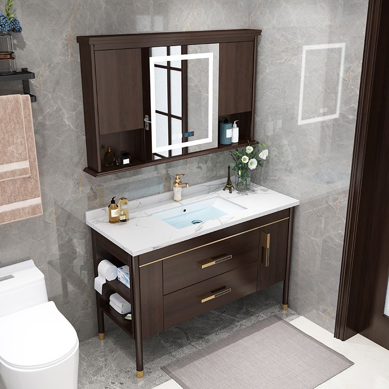 Wood Frame Bathroom Vanity Drawers Single Sink Rectangle Freestanding Vanity with Mirror