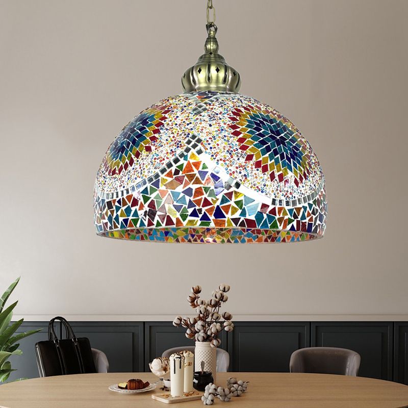 Dome Stained Art Glass Pendant Light Traditional 1 Head Living Room Hanging Ceiling Light in Blue/Green
