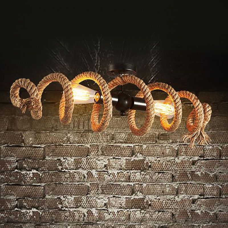 2-Light Swirl Semi Flush Mount Lighting with Open Bulb Industrial Black Metal and Hemp Rope Ceiling Light Fixture