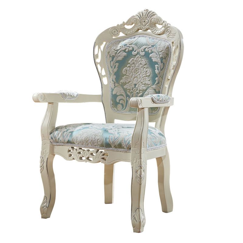 European Style Birch Cotton Arm Chair Light Color Solid Back Dining Chair with White Legs