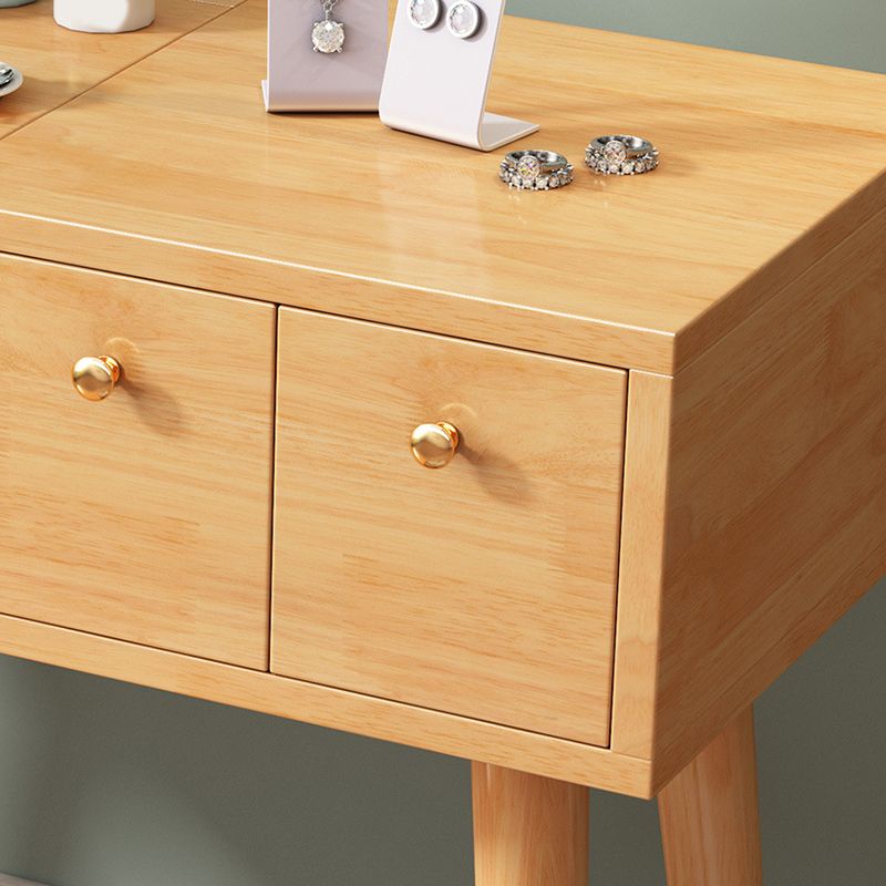 Solid Wood Mirrored Vanity Desk with 3 Drawers Flip-Top Dresser with Stool