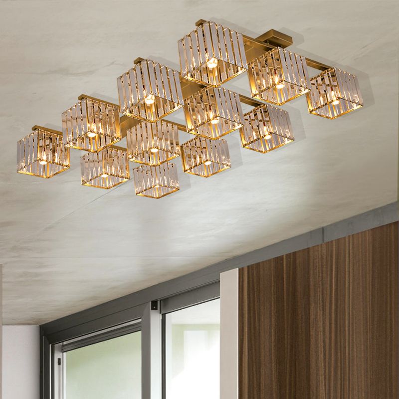 Accesorio de techo para sala de estar, barra de cristal de tres lados, cuadrado moderno, semiempotrado, 4/6/9 luces, en dorado/negro