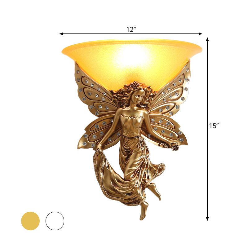 1 Light Wall Lighting Ideas Country Half-Bowl Opal Glass Wall Sconce in White/Gold with Right/Left Resin Angel