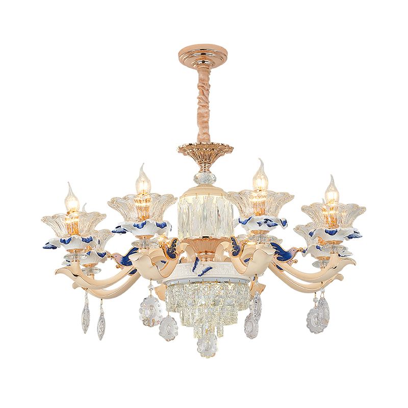 Flower Ribbed Glass Suspension Light Retro Style Living Room Chandelier Light with Crystal Draping in White
