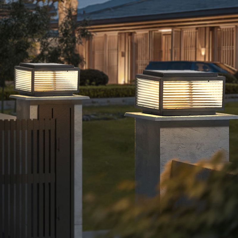 Metal Rectangle Shape Outdoor Light Modern Style 1 Light Solar Pillar Lights in Black