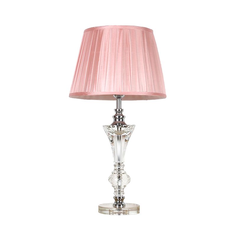 Single Head Table Light Countryside Conical Fabric Night Lamp in Pink/Blue/Beige with Clear Crystal Base