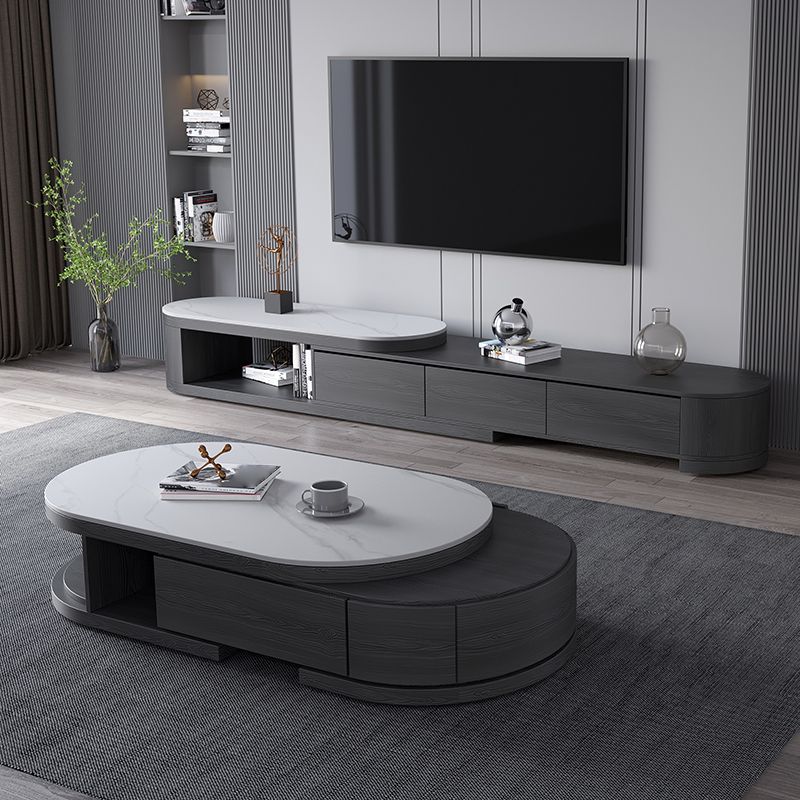 Slate and Wood Coffee Table Oval Single Coffee Table with Storage Drawers