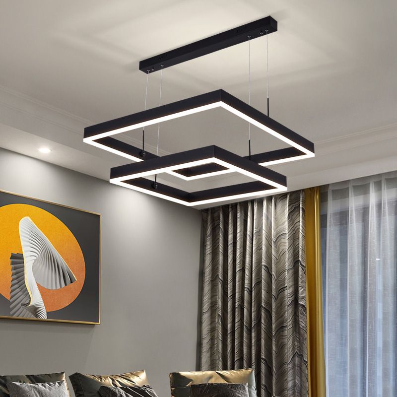 Luce a sospensione nera metallica quadrata al soffitto a led contemporanea per soggiorno
